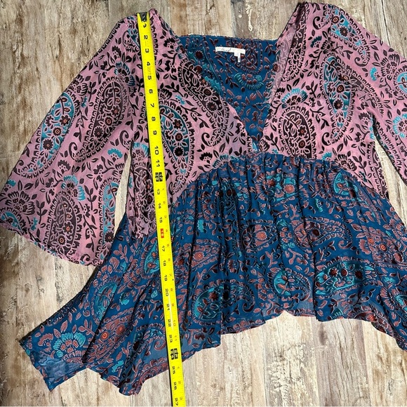 Anthropologie Floreat Velvet Burnout Blouse Small Purple Teal Boho Silk Blend - Picture 6 of 9